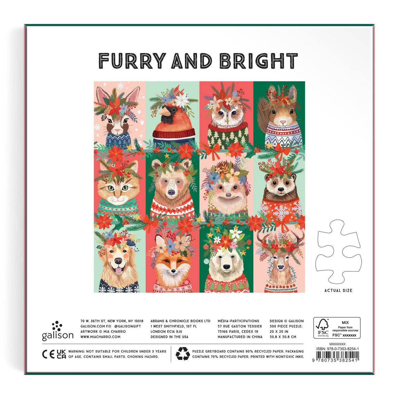 Jigsaw puzzle packaging with illustrations of animals wearing festive clothing and the text 'Furry and Bright'.