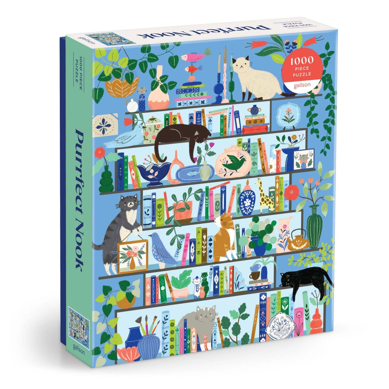 Galison Purrfect Nook 1000 piece puzzle featuring illustrated cats on colourful bookshelves