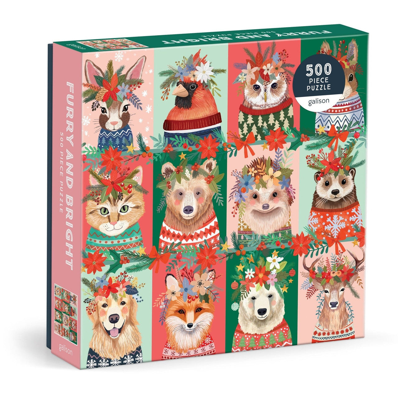 Galison Furry and Bright 500 piece puzzle featuring festive woodland animals wearing colourful sweaters and flower crowns