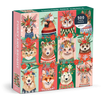 Galison Furry and Bright 500 piece puzzle featuring festive woodland animals wearing colourful sweaters and flower crowns