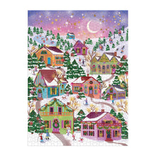 Colorful winter village scene with houses and people on a snowy night.