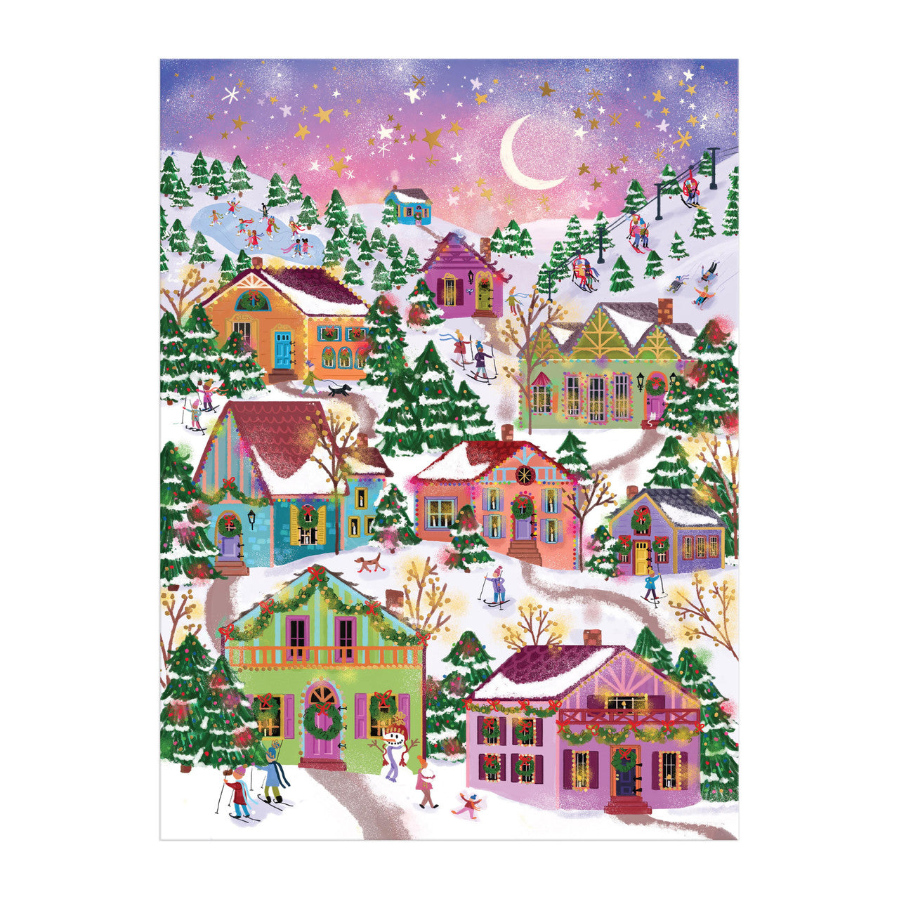 Colorful winter village scene with houses and trees under a starry sky.