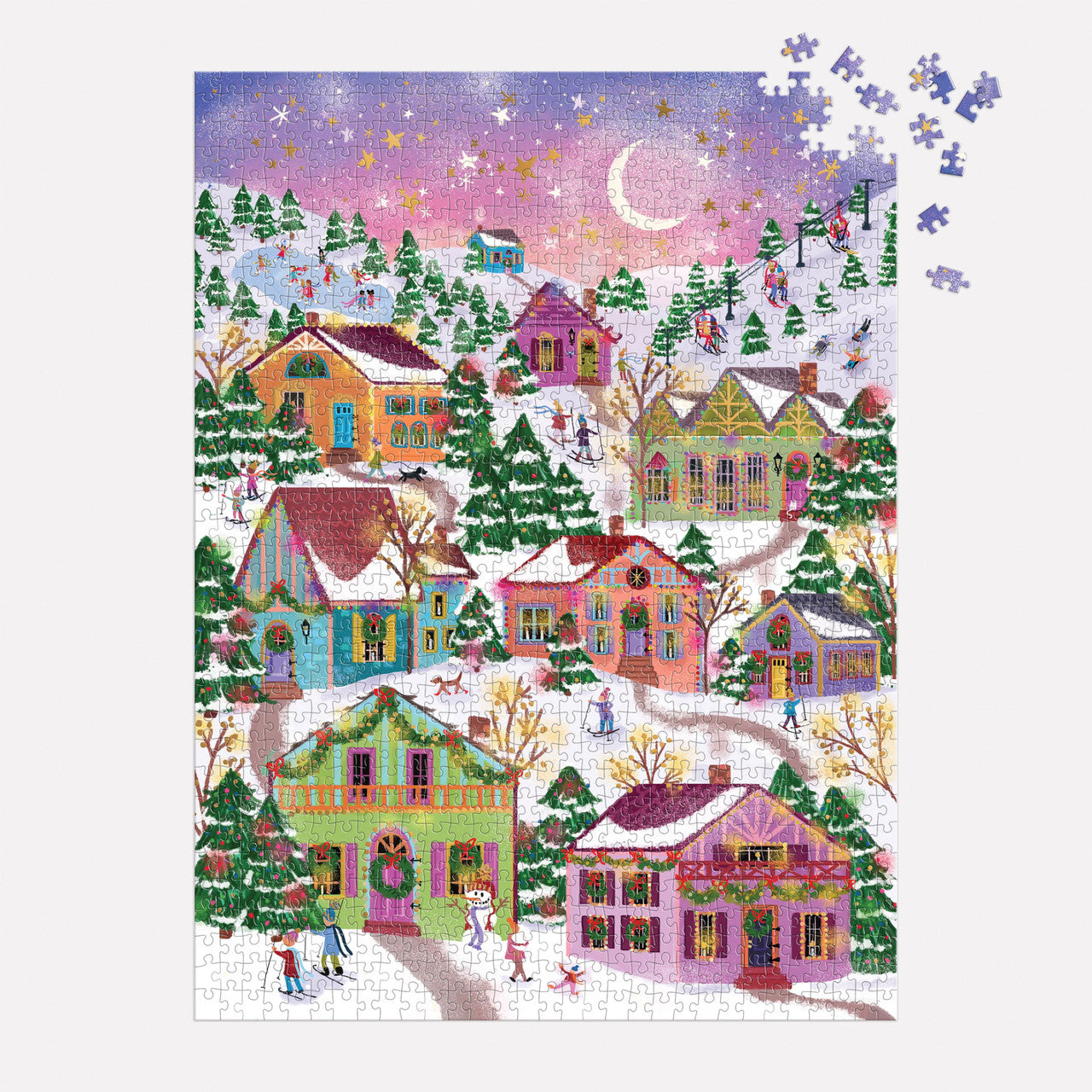 Colorful winter village scene puzzle with houses and trees  showing puzzle pieces