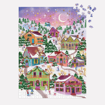 Colorful winter village scene puzzle with houses and trees  showing puzzle pieces