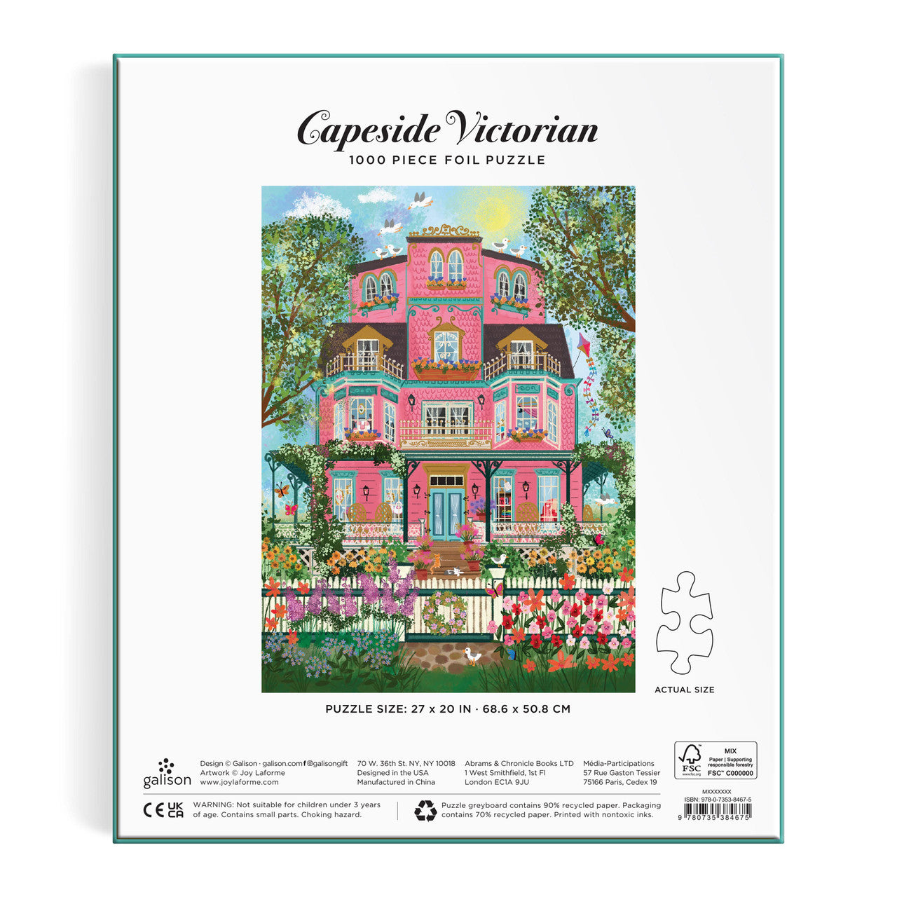 Capeside Victorian 1000 piece foil puzzle packaging with a colorful house illustration and details of puzzle piece size and manufacturer information 
