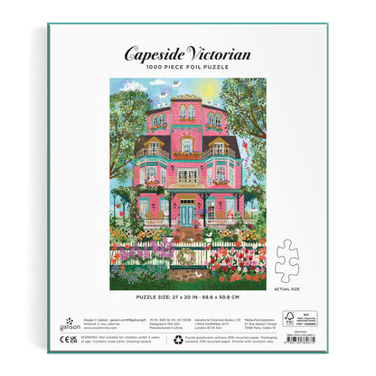 Capeside Victorian 1000 piece foil puzzle packaging with a colorful house illustration and details of puzzle piece size and manufacturer information 