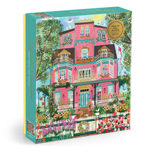Galison Joy Laforme Capeside Victorian 1000 piece foil puzzle featuring a colourful Victorian mansion with gardens and flowers