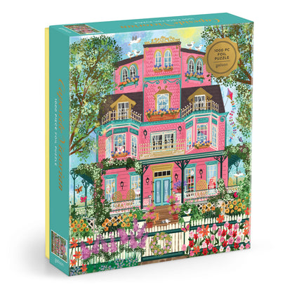 Galison Joy Laforme Capeside Victorian 1000 piece foil puzzle featuring a colourful Victorian mansion with gardens and flowers