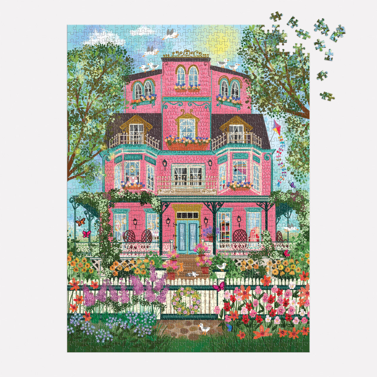 Colorful puzzle with a pink house and garden on a white background