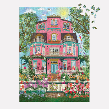 Colorful puzzle with a pink house and garden on a white background