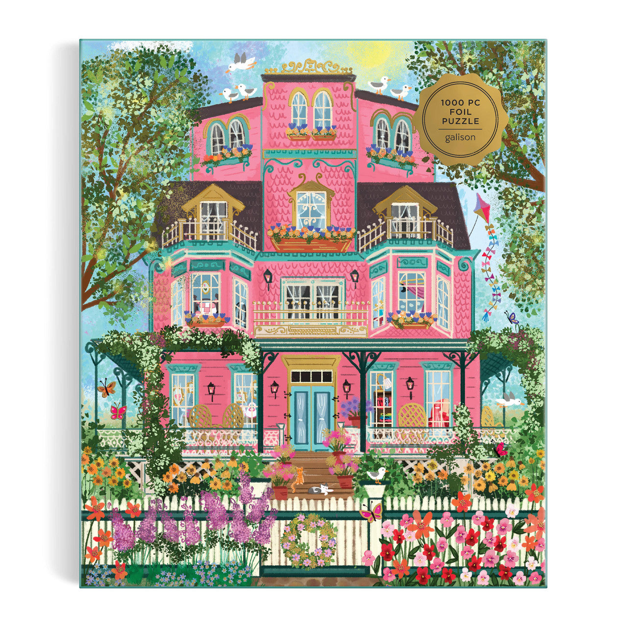 Colorful illustration of a pink Victorian house with a colourful garden on a puzzle packaging.