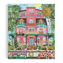 Colorful illustration of a pink Victorian house with a colourful garden on a puzzle packaging.