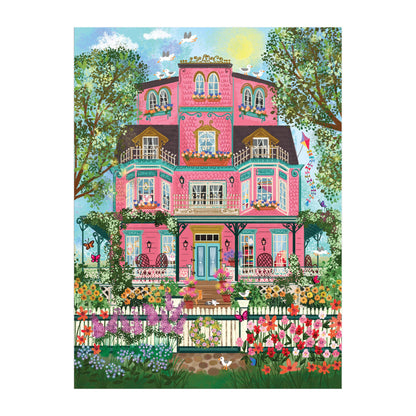 Colorful illustration of a pink house with a garden