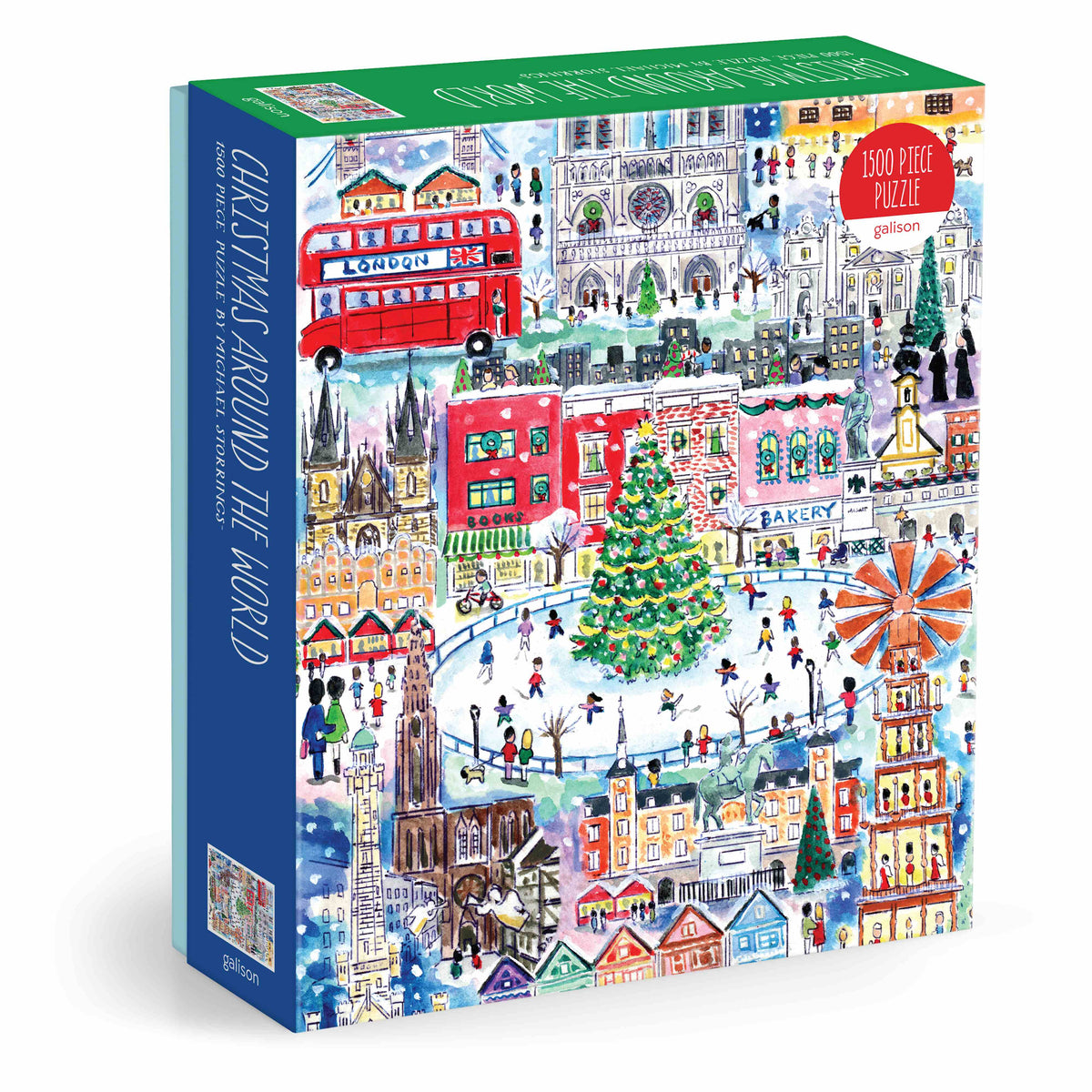 Galison Michael Storrings Christmas Around the World 1500 piece puzzle Jigsaw puzzle box with a colorful illustration of a Christmas-themed cityscape on a white background