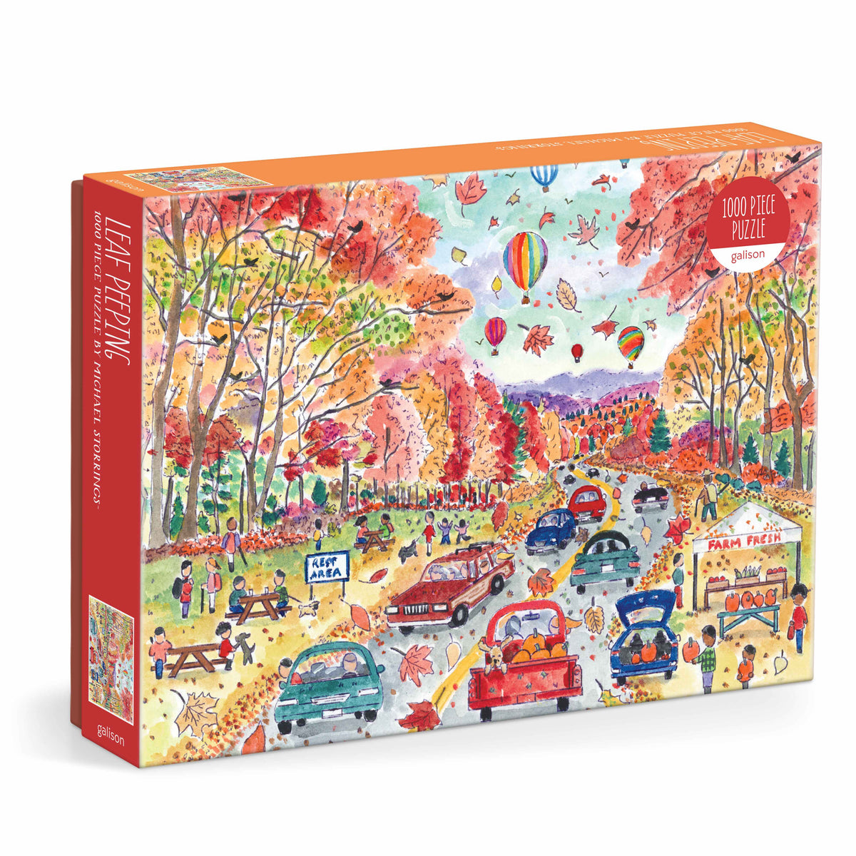 Galison Michael Storrings Leaf Peeping 1000 piece puzzle featuring autumn trees pumpkins and hot air balloons