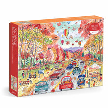 Galison Michael Storrings Leaf Peeping 1000 piece puzzle featuring autumn trees pumpkins and hot air balloons