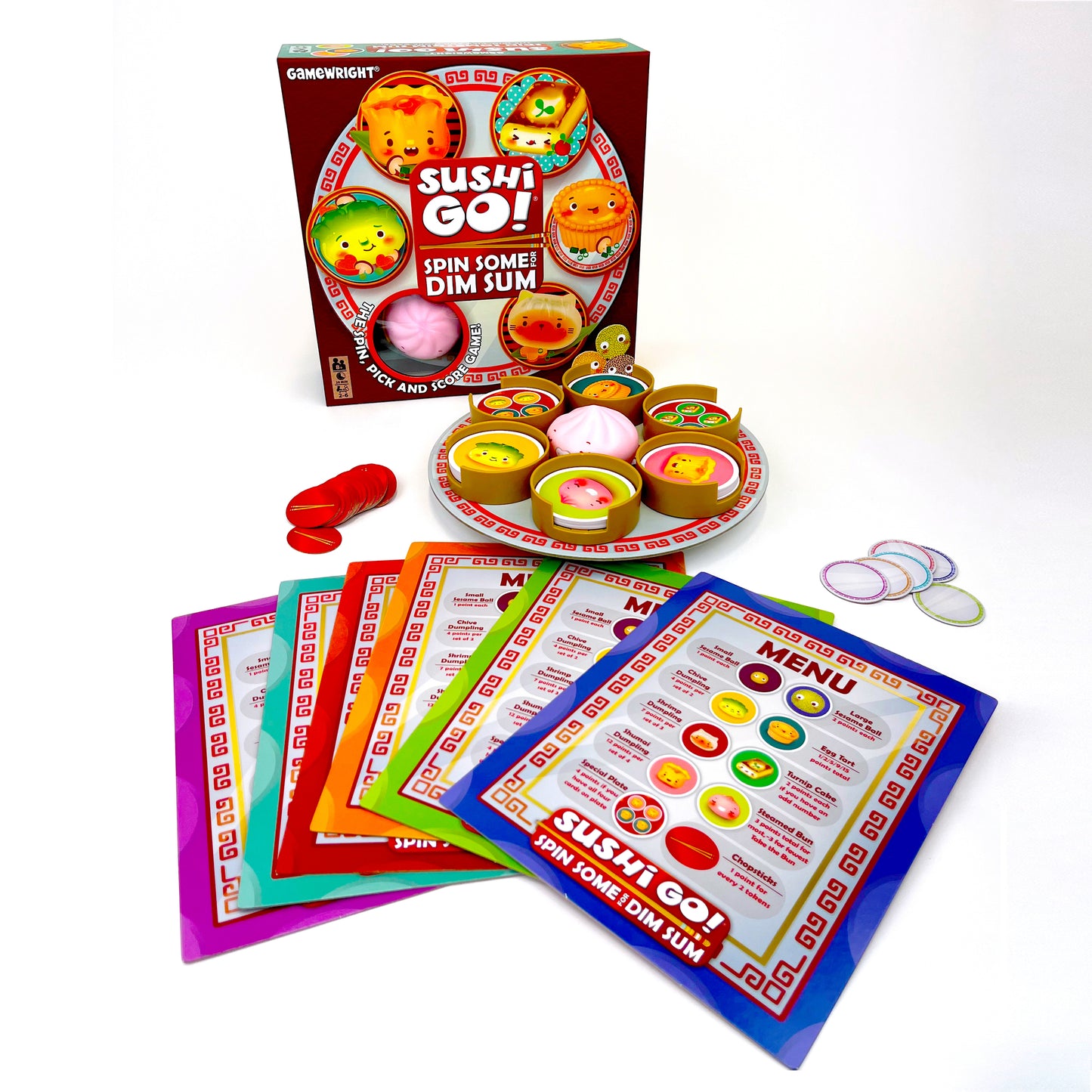 Gamewright Sushi Go Spin Some for Dim Sum family strategy board game with spinning tray and cards