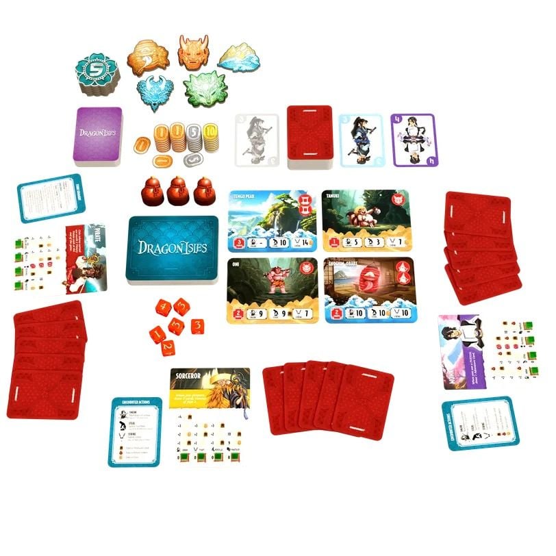 DragonIsles game components including adventurer cards, character boards, dice and potion tokens
