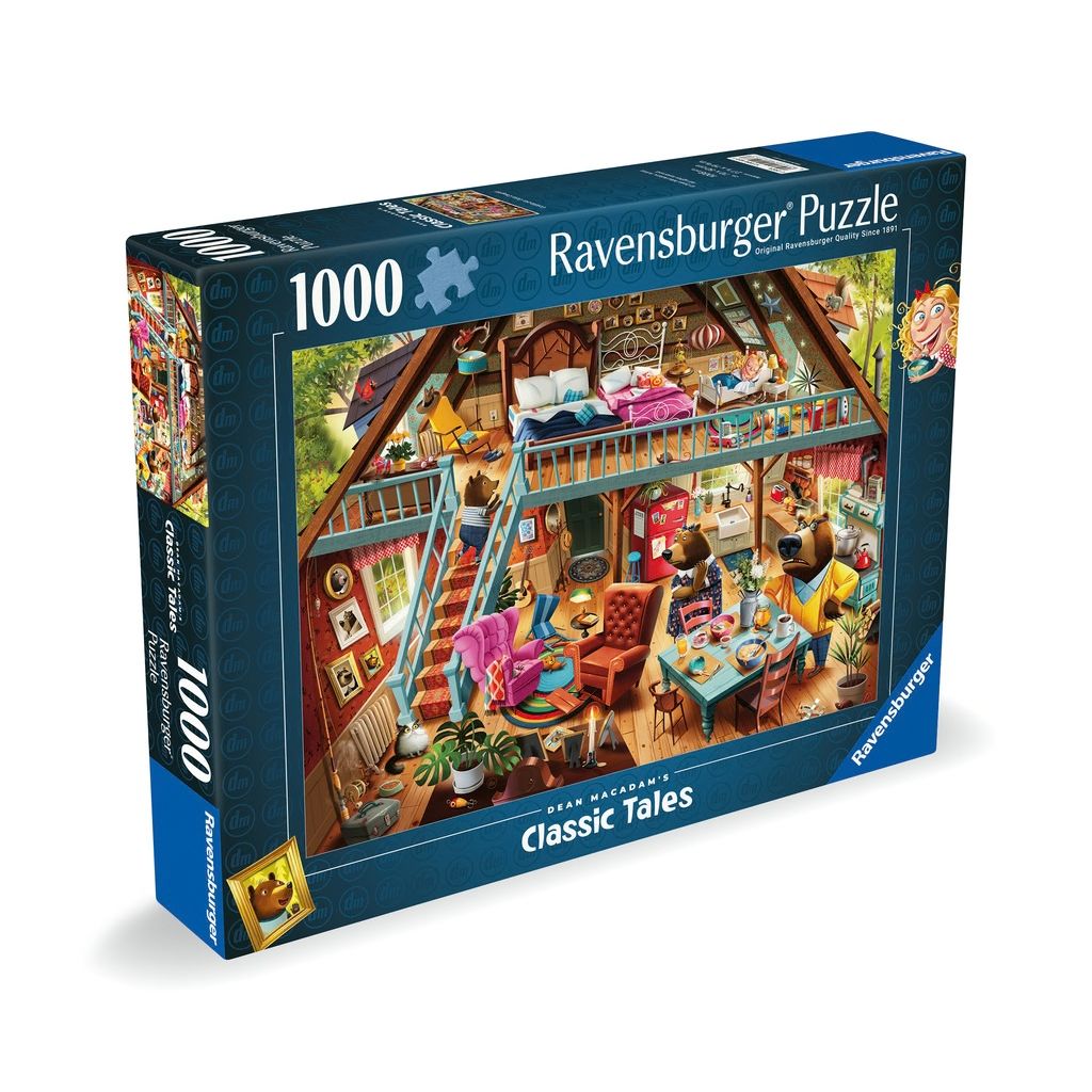 Close-up of Ravensburger puzzle pieces from the Goldilocks Gets Caught! 1000 piece jigsaw by Dean MacAdam