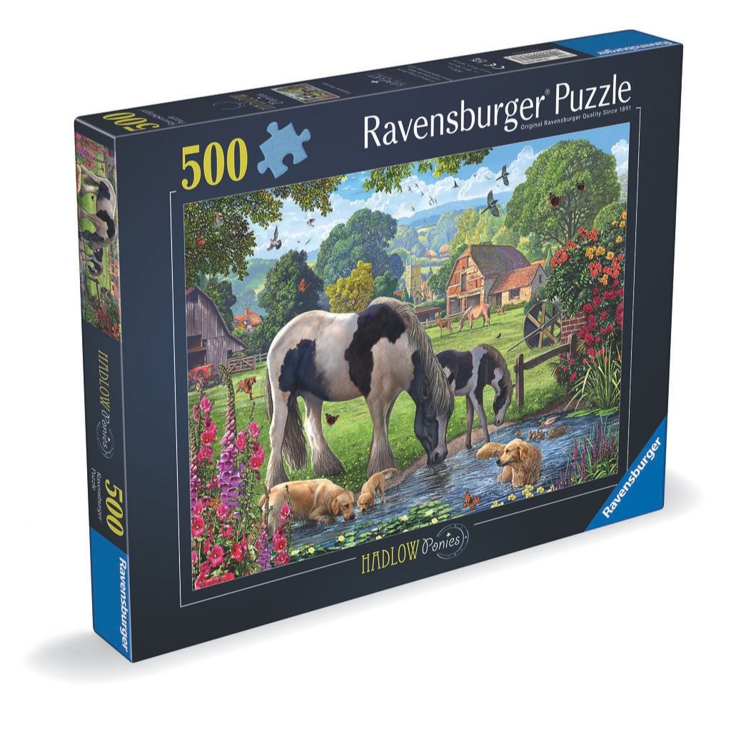 Close-up of Ravensburger puzzle pieces from the Hadlow Ponies 500 piece jigsaw, made for horse lovers
