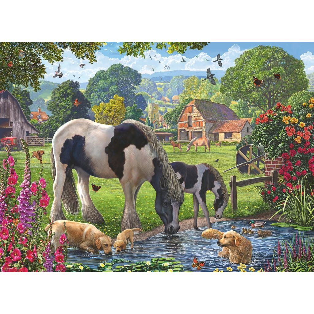 Completed Hadlow Ponies jigsaw measuring 49 x 36 cm with green paddocks, hedgerows and grazing ponies