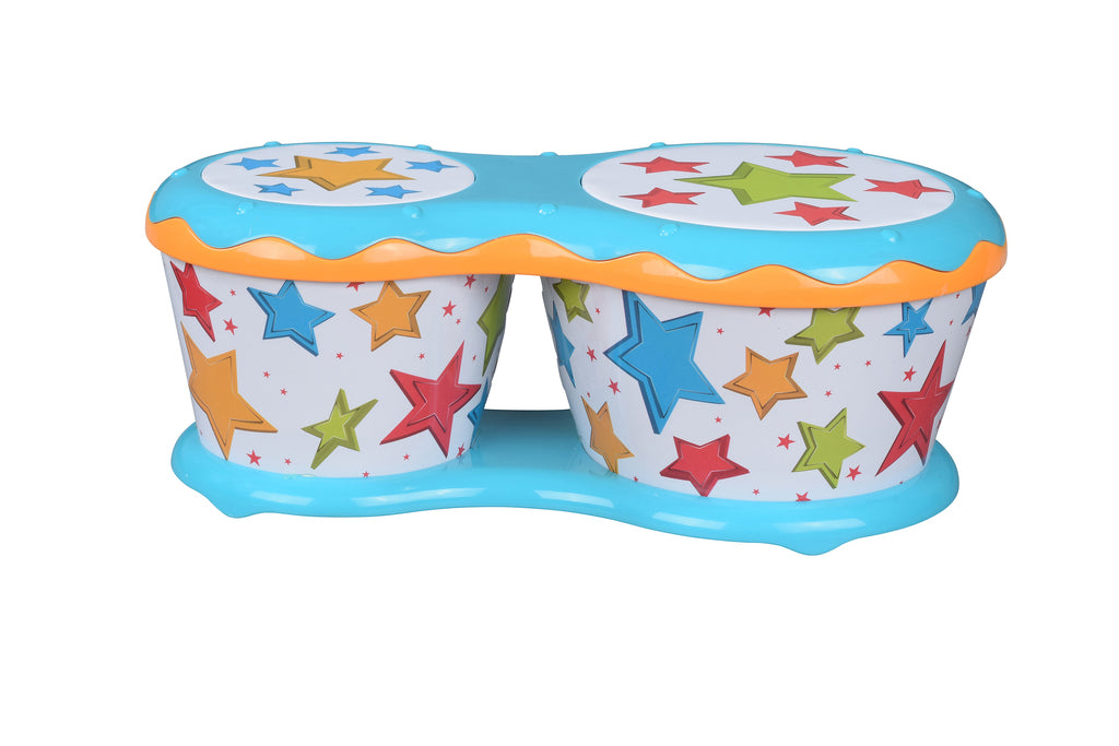 Halilit Baby Bongos from above, showing the two colourful joined drum heads sized for small hands