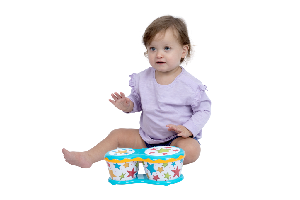 Side view of the Halilit Baby Bongos musical drum toy showing the connected drums and their height