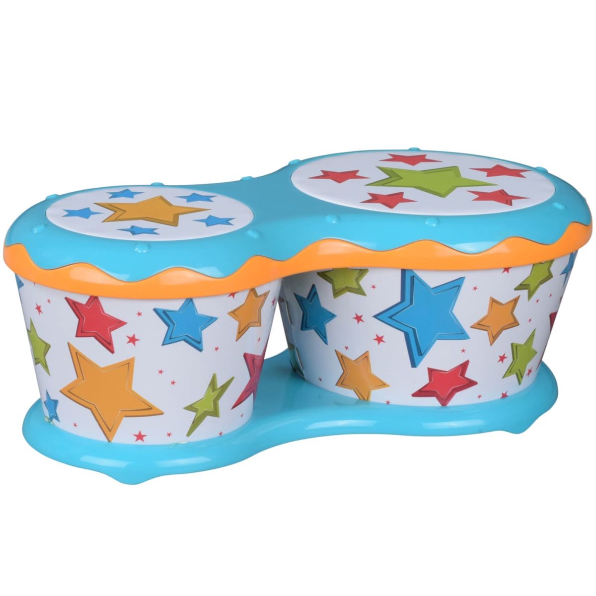 Halilit Bongos children's musical instrument featuring two connected drums with bright blue and orange rims and colourful red, yellow, green and blue star patterns.
