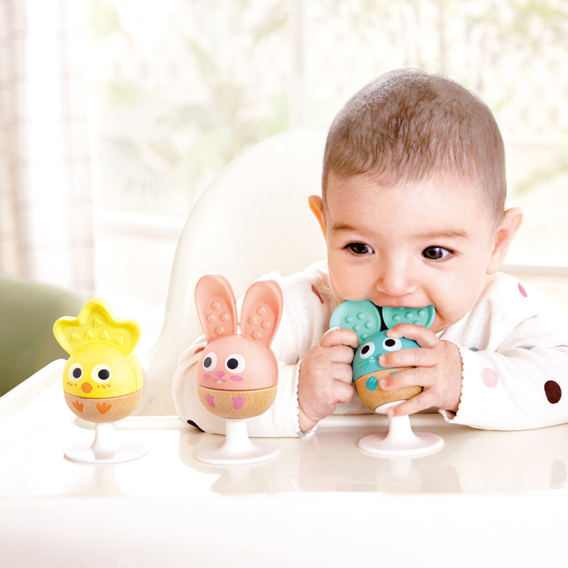 Hape Cheery Critter Rattle Trio featuring three colourful animal rattles for babies