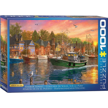 Harbour Sunset 1000 piece puzzle with fishing boats and sunset marina scene by Eurographics