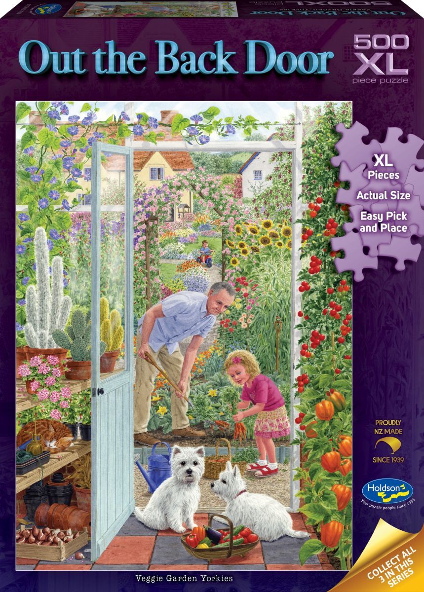 Holdson 500pc XL - Out the Back Door - Veggie Garden Yorkies Puzzle