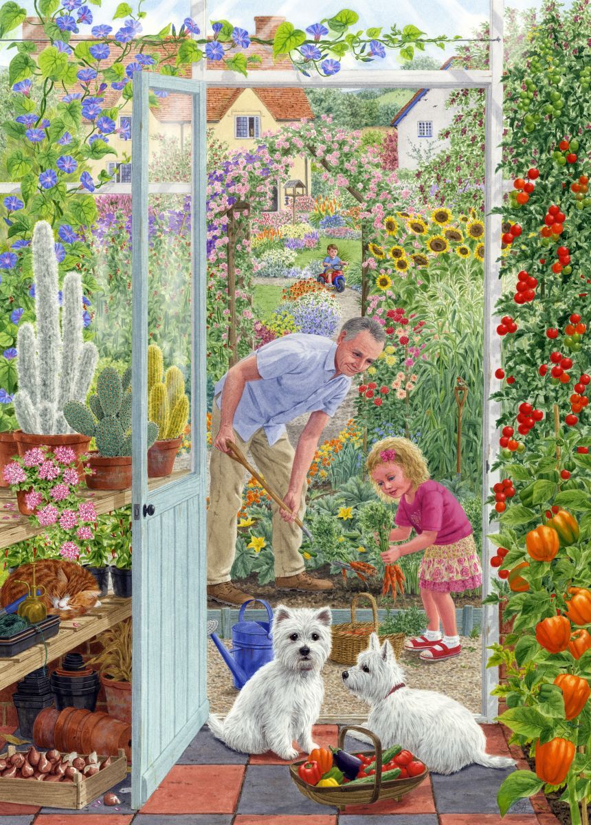 Holdson 500pc XL - Out the Back Door - Veggie Garden Yorkies Puzzle