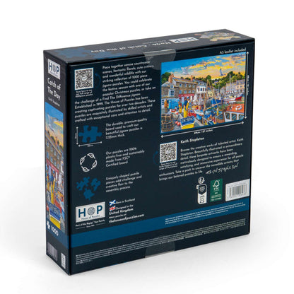 Back of House of Puzzles Catch of the Day 1000-piece jigsaw puzzle box showing product information and completed artwork.