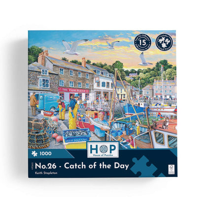 Front of House of Puzzles No. 26 Catch of the Day Find the Difference 1000-piece jigsaw puzzle box illustrated by Keith Stapleton.