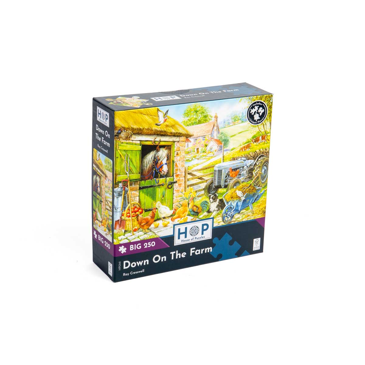 Jigsaw puzzle box titled 'Down On The Farm' by HOP on a white background