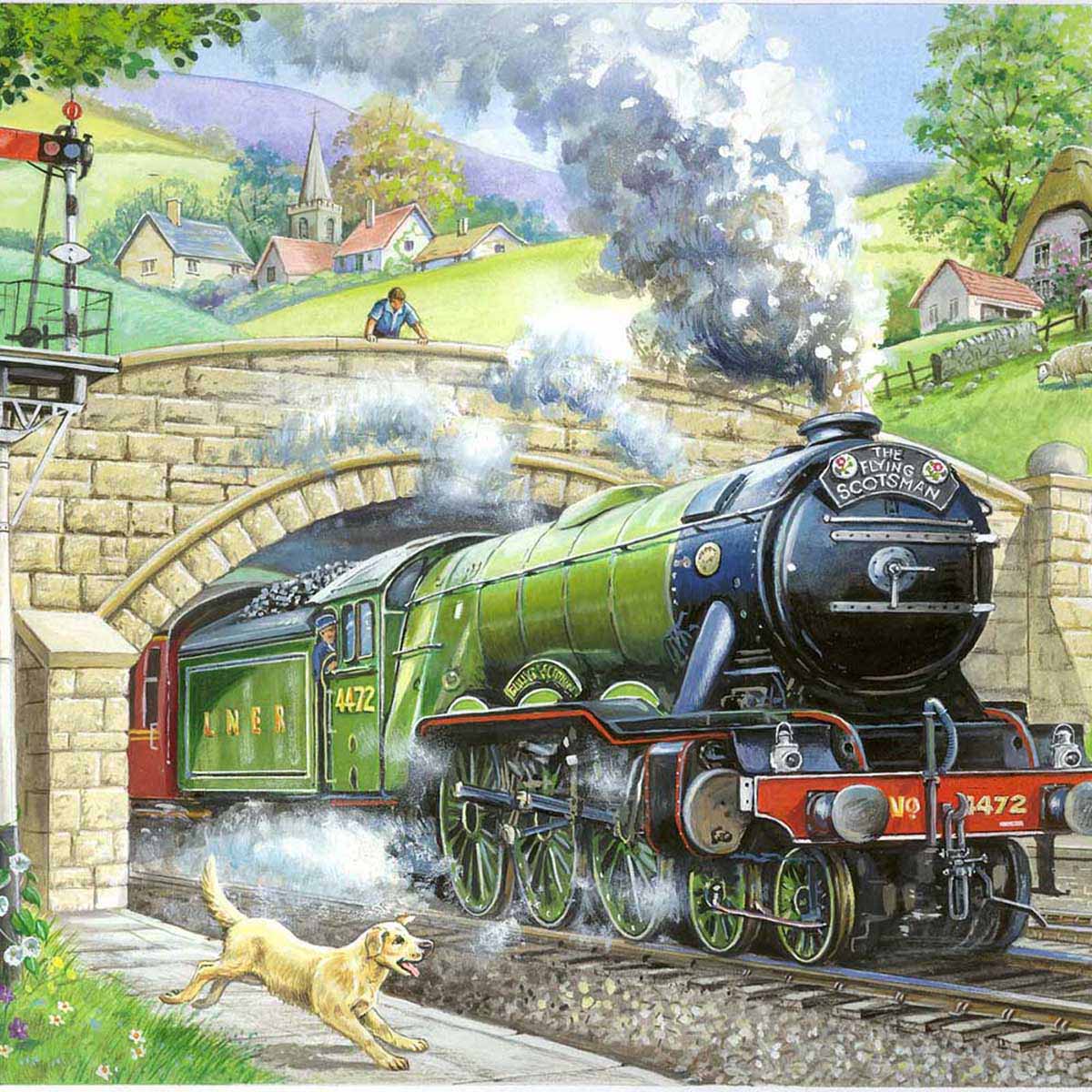 Vintage steam train emerging from a tunnel with a dog looking on, set against a scenic countryside backdrop.