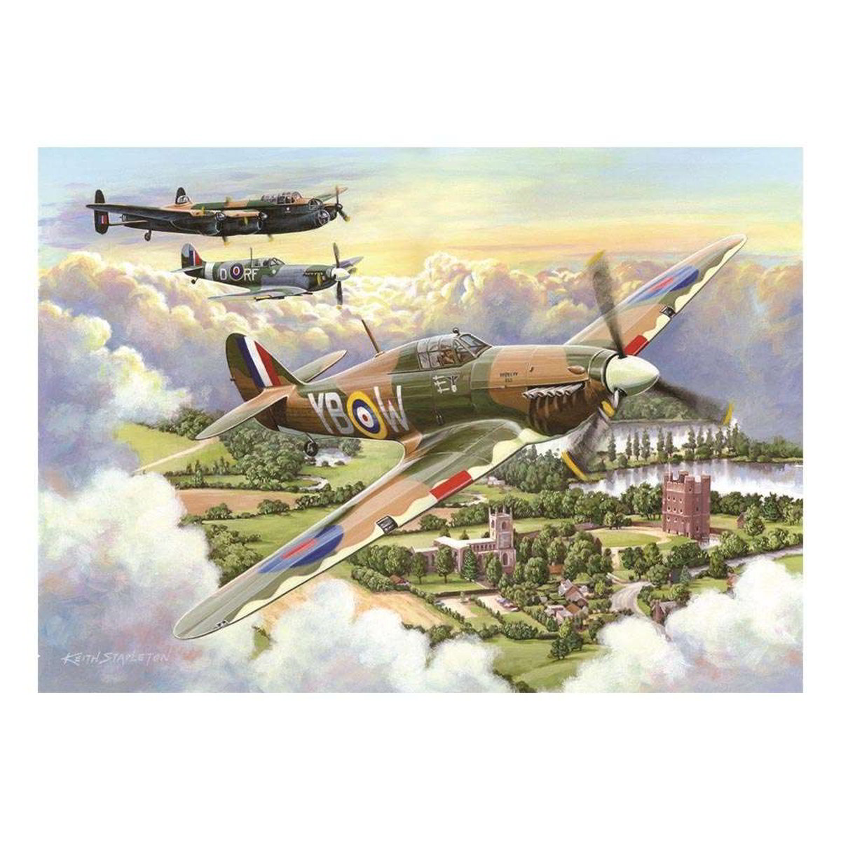Artistic depiction of World War II-era fighter planes flying over a landscape with buildings and trees.