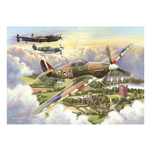 Artistic depiction of World War II-era fighter planes flying over a landscape with buildings and trees.