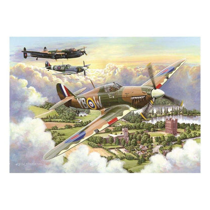 Artistic depiction of World War II-era fighter planes flying over a landscape with buildings and trees.