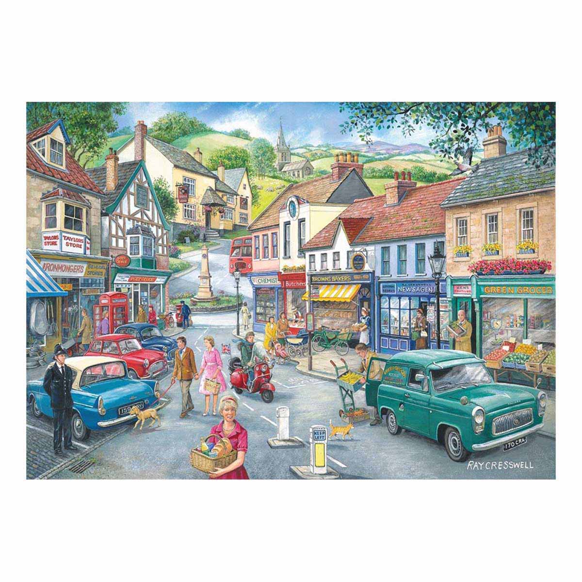 Illustration of a quaint town street with people and vintage cars.
