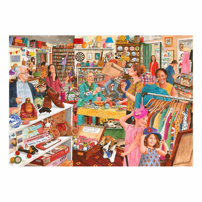 Illustration of a busy store with people shopping and interacting.