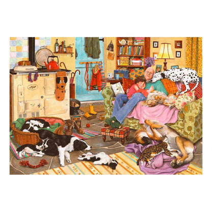 Colorful illustration of a cozy living room with people and pets.