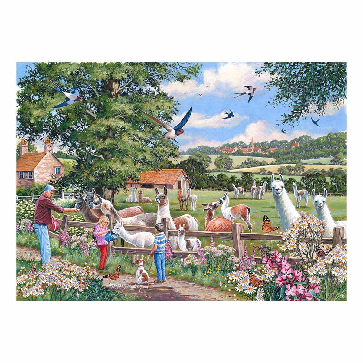 Scenic countryside with people and llamas in a field, surrounded by trees and flowers.