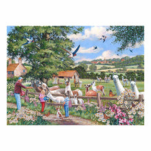 Scenic countryside with people and llamas in a field, surrounded by trees and flowers.