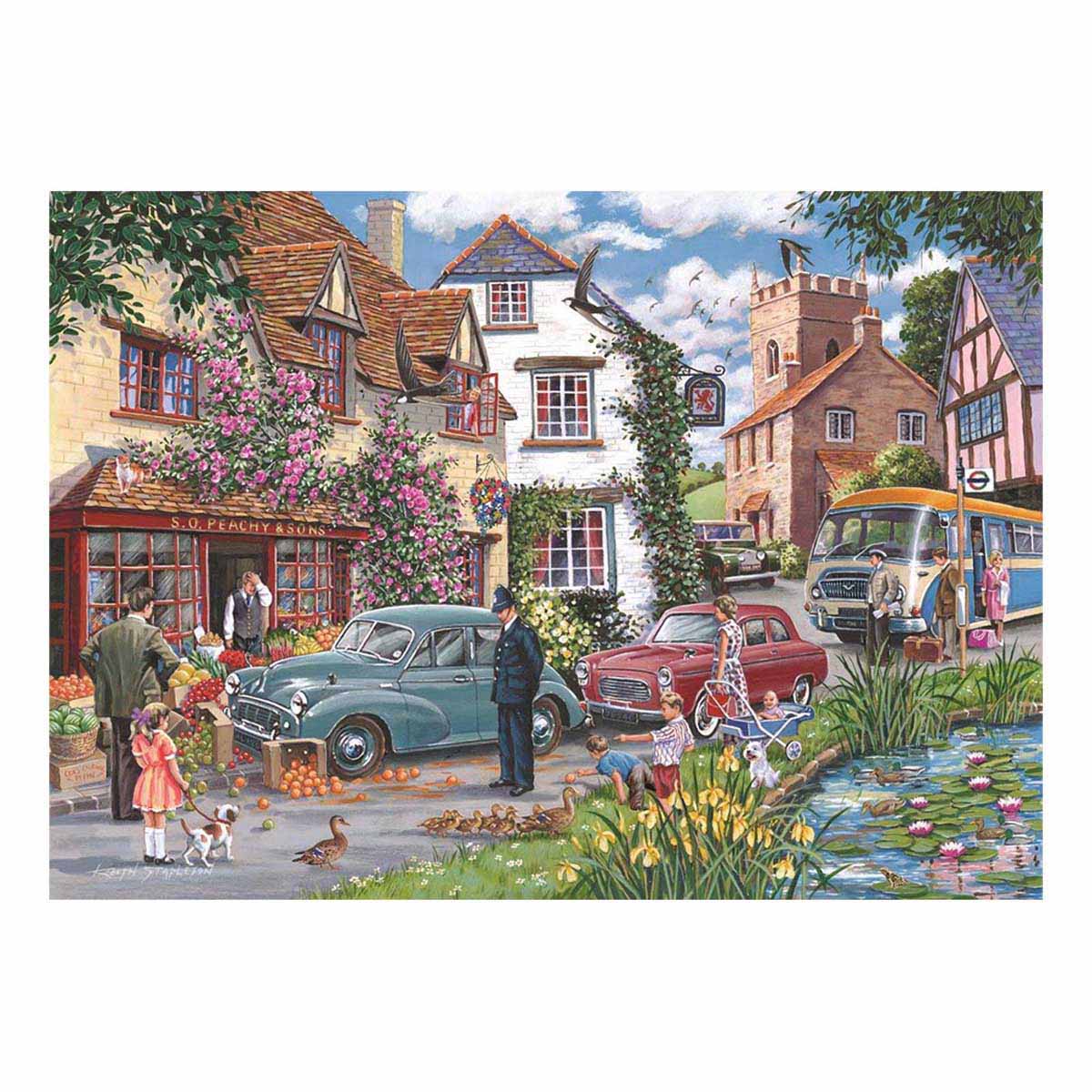Illustration of a quaint village scene with people, cars, and a pond.