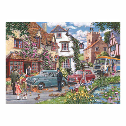 Illustration of a quaint village scene with people, cars, and a pond.