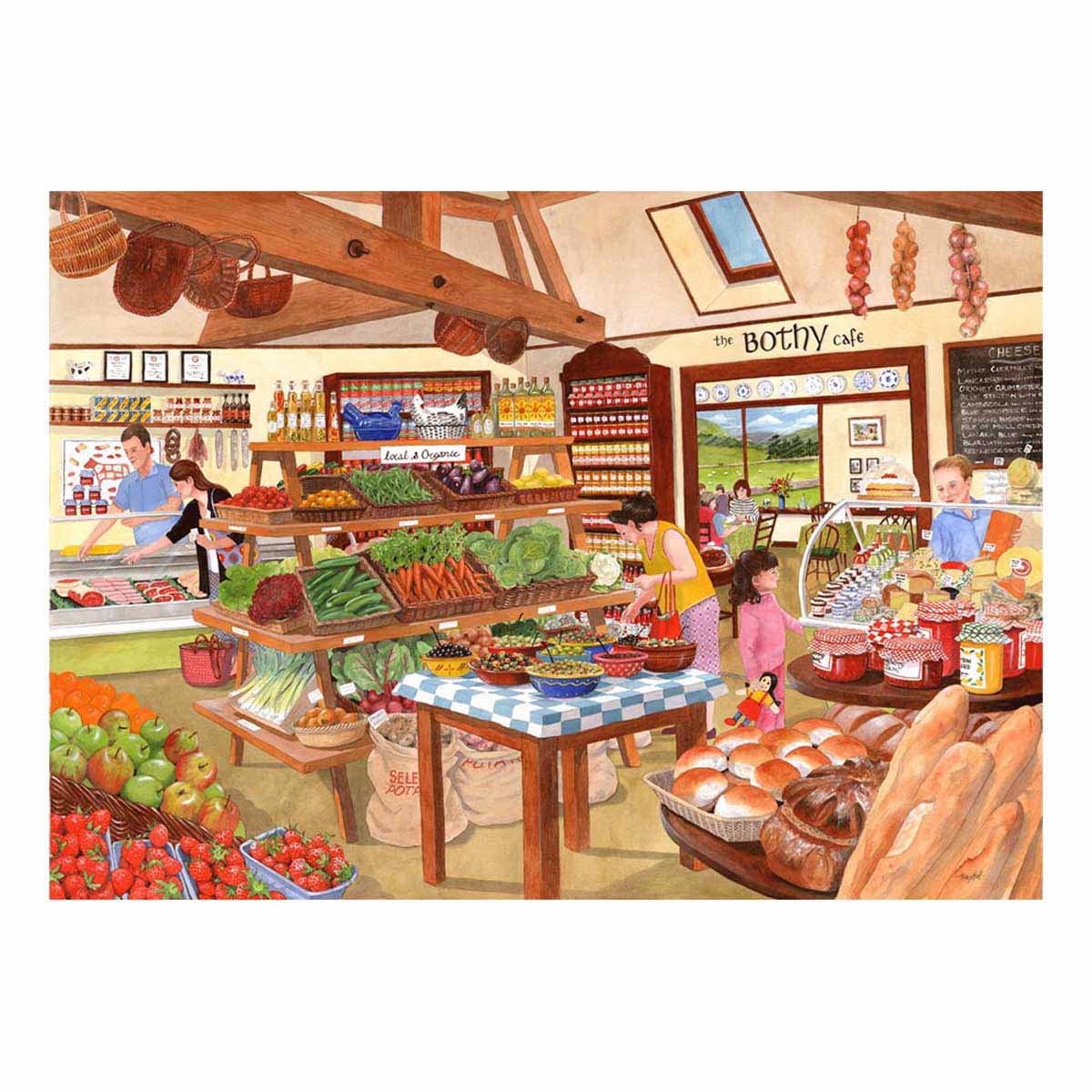 Illustration of a bustling grocery store with customers and staff.