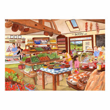 Illustration of a bustling grocery store with customers and staff.