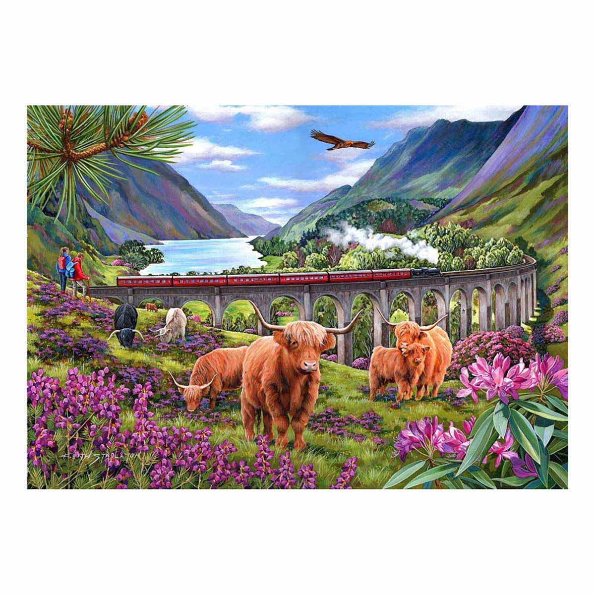 Scenic painting of highland cows near a viaduct with a train, mountains, and flowers.