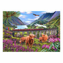 Scenic painting of highland cows near a viaduct with a train, mountains, and flowers.